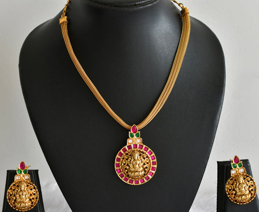 Matte finish pink-green jadau Lakshmi pendant necklace set dj-51821