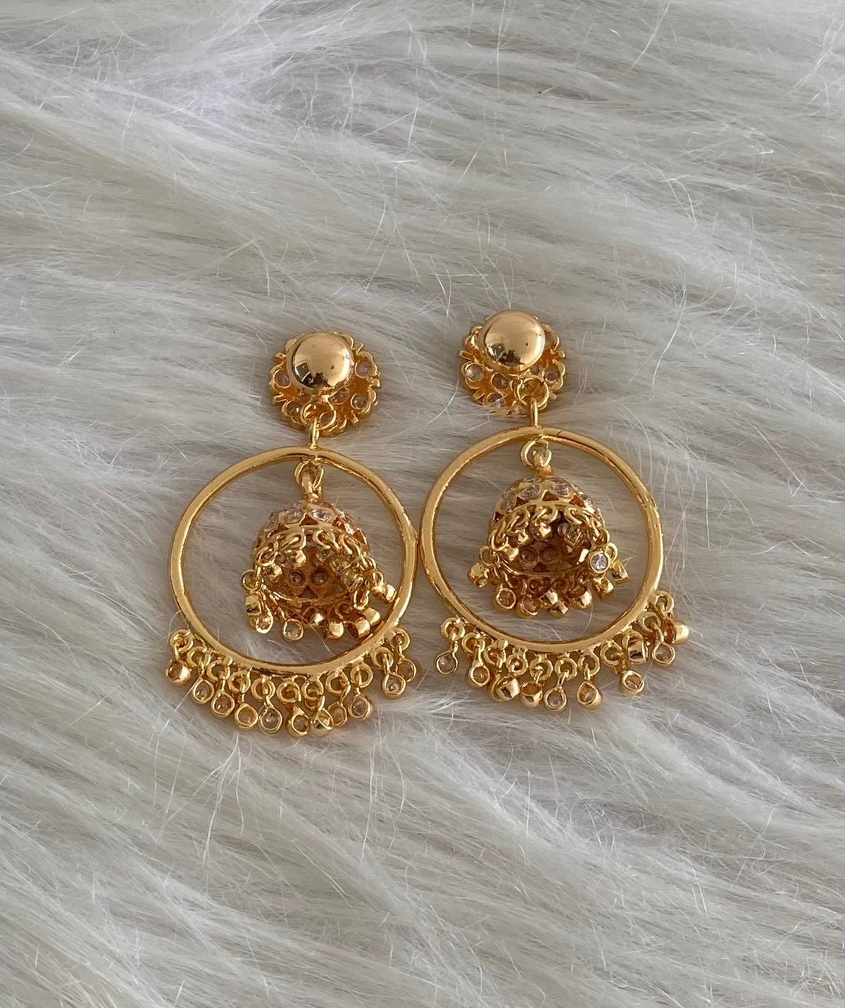 Gold tone south indian style AD white stone bali jhumkka dj-54892