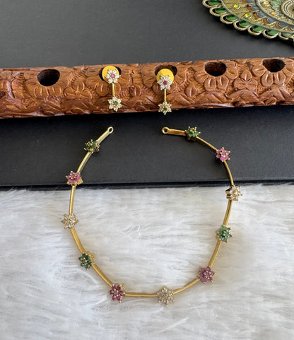 Antique gold tone cz pink-green-white flower necklace set dj-52122