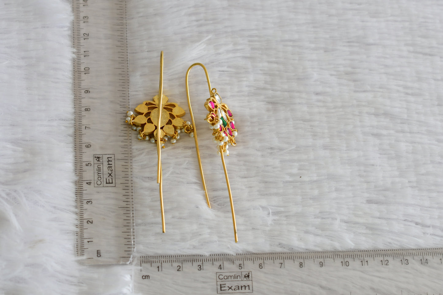 Gold tone pink-green-white kundan jadau flower bugadi needle earrings dj-52459