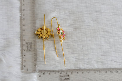 Gold tone pink-green-white kundan jadau flower bugadi needle earrings dj-52459