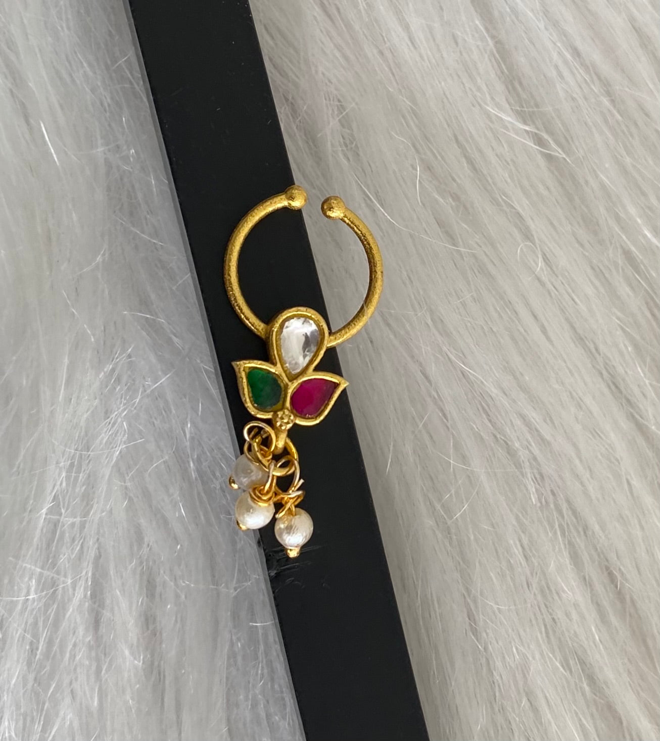 Gold tone kundan jadau pink-green-white stone pearl nose pin/bulakku dj-53802