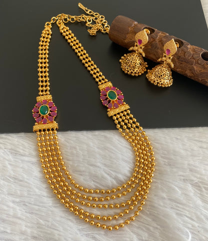 Gold tone ruby-emerald mugappu multilayer chain set dj-52904