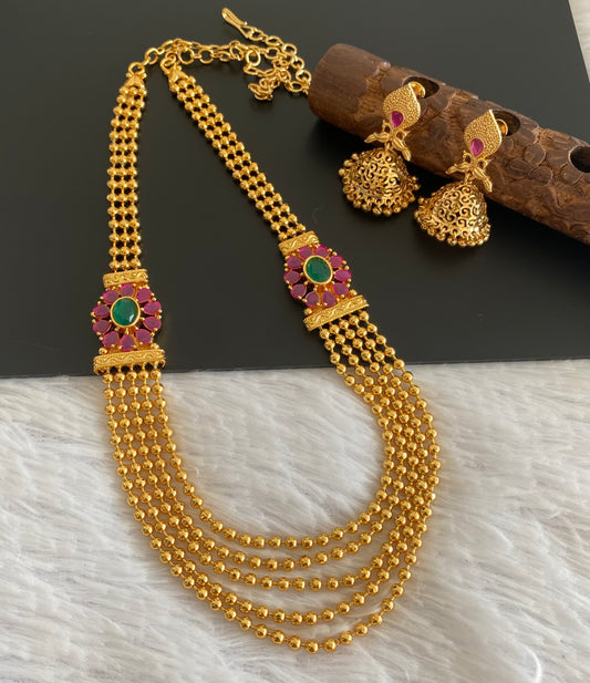Gold tone ruby-emerald mugappu multilayer chain set dj-52904