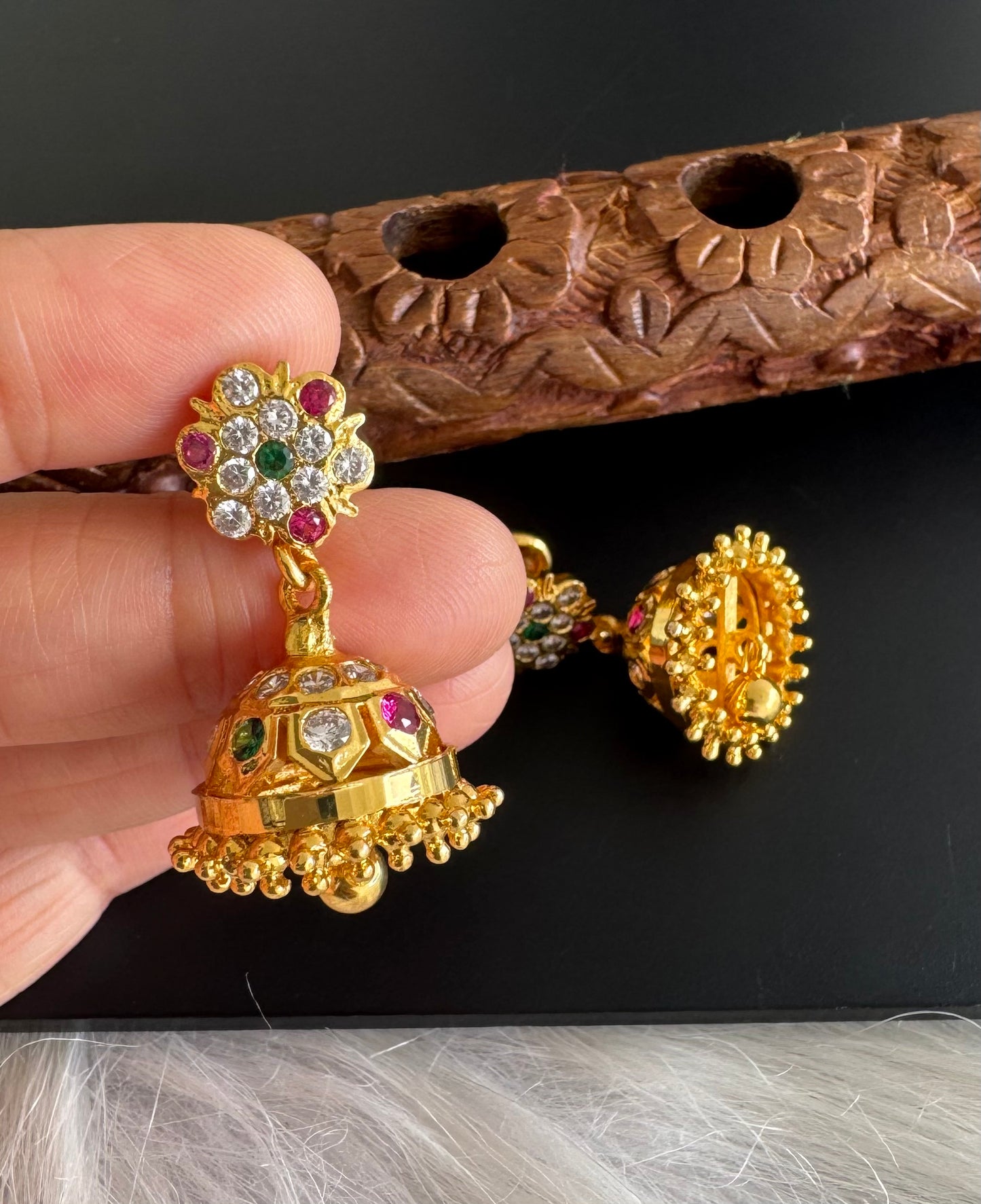 Gold tone ad pink-green-white south indian flower jhumkka dj-51284