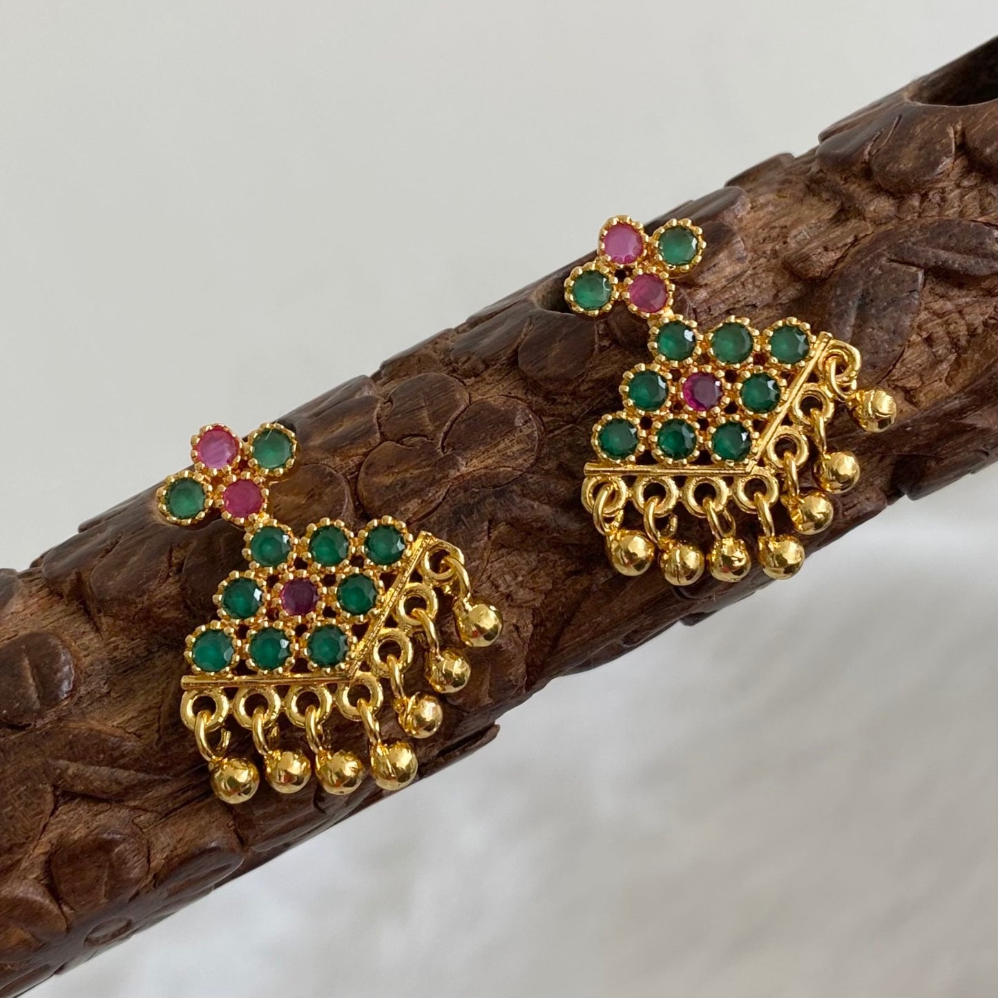 Gold tone ruby-green stone pathakkam earrings dj-44901