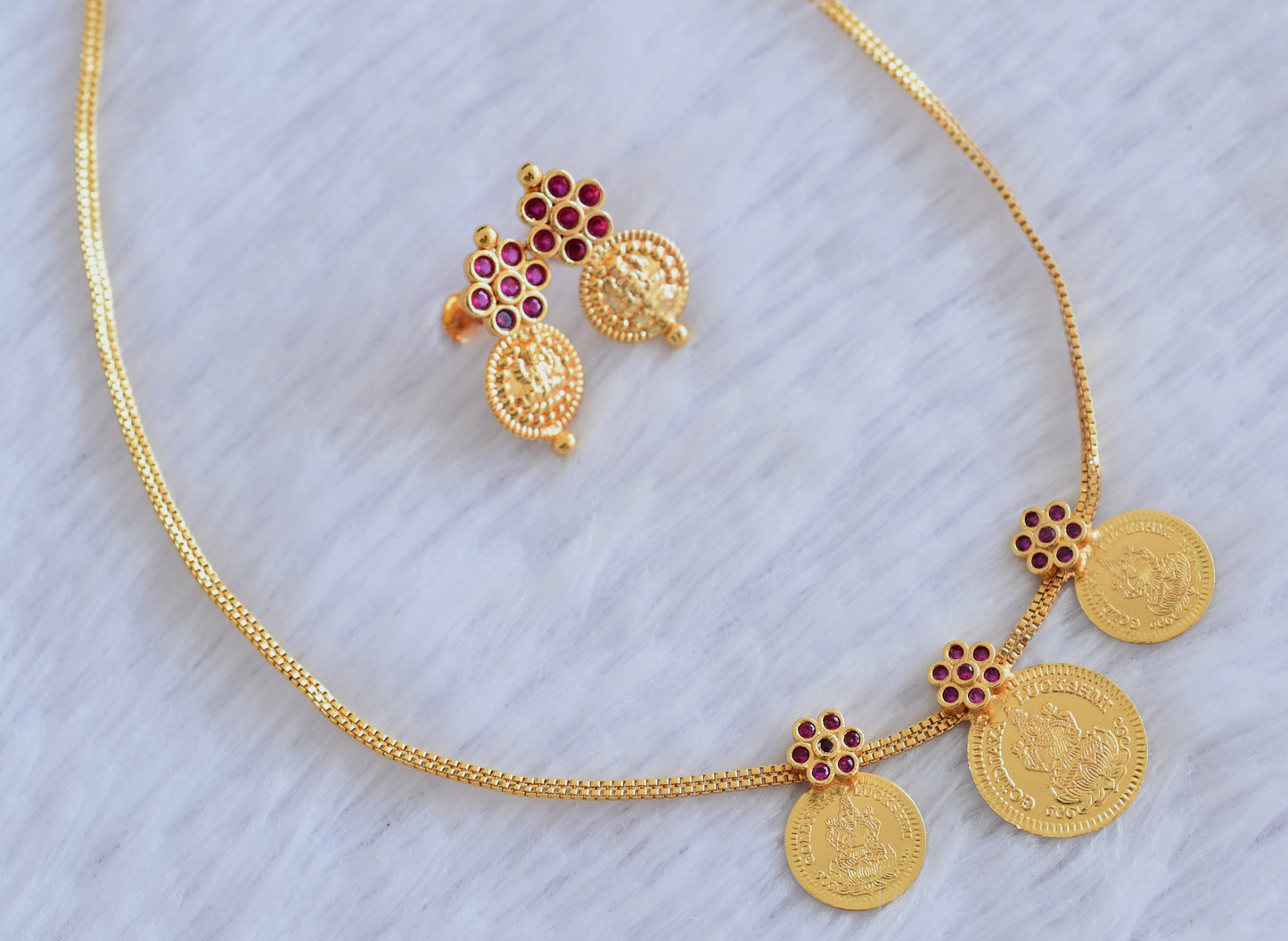 Gold tone pink stone lakshmi coin necklace set dj-53082