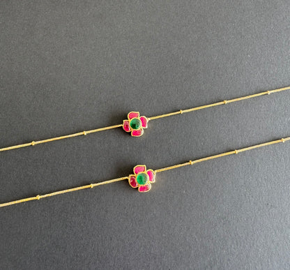 Gold tone pink-green flower kundan jadau anklets dj-51412