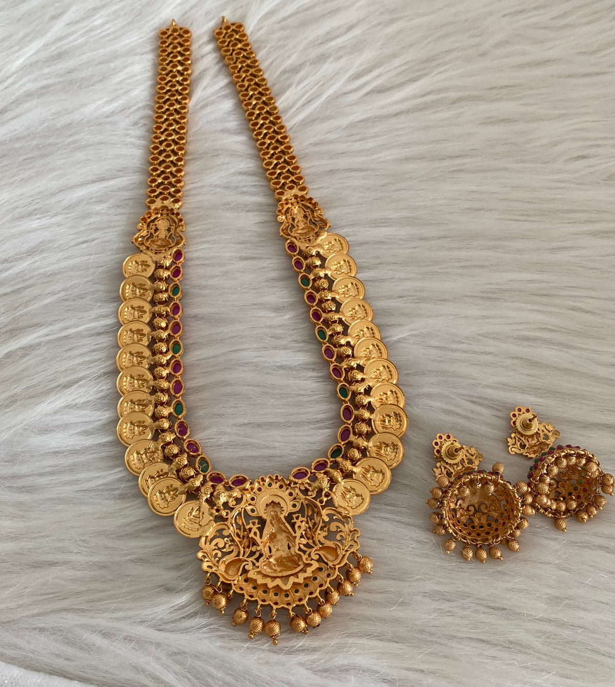Matte finish kemp-green lakshmi coin haar set dj-54997