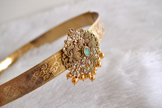 Antique gold tone cz sea green peacock flower waist band dj-52676
