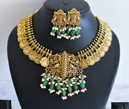 Antique gold tone green beaded pearl peacock lakshmi coin necklace set dj-53013