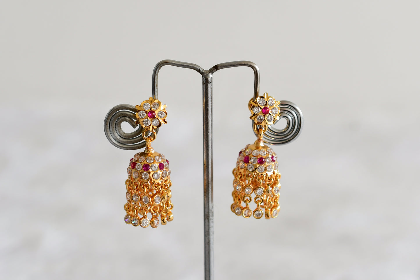Gold tone AD pink-white stone jhumkka dj-51891