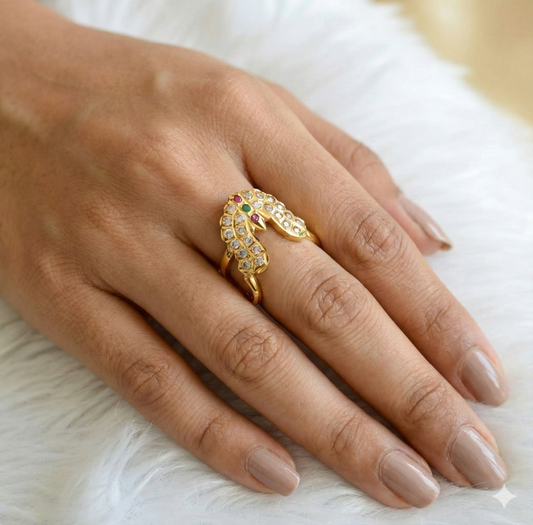 Gold tone pink-green-white ad south indian vanki finger ring dj-44605