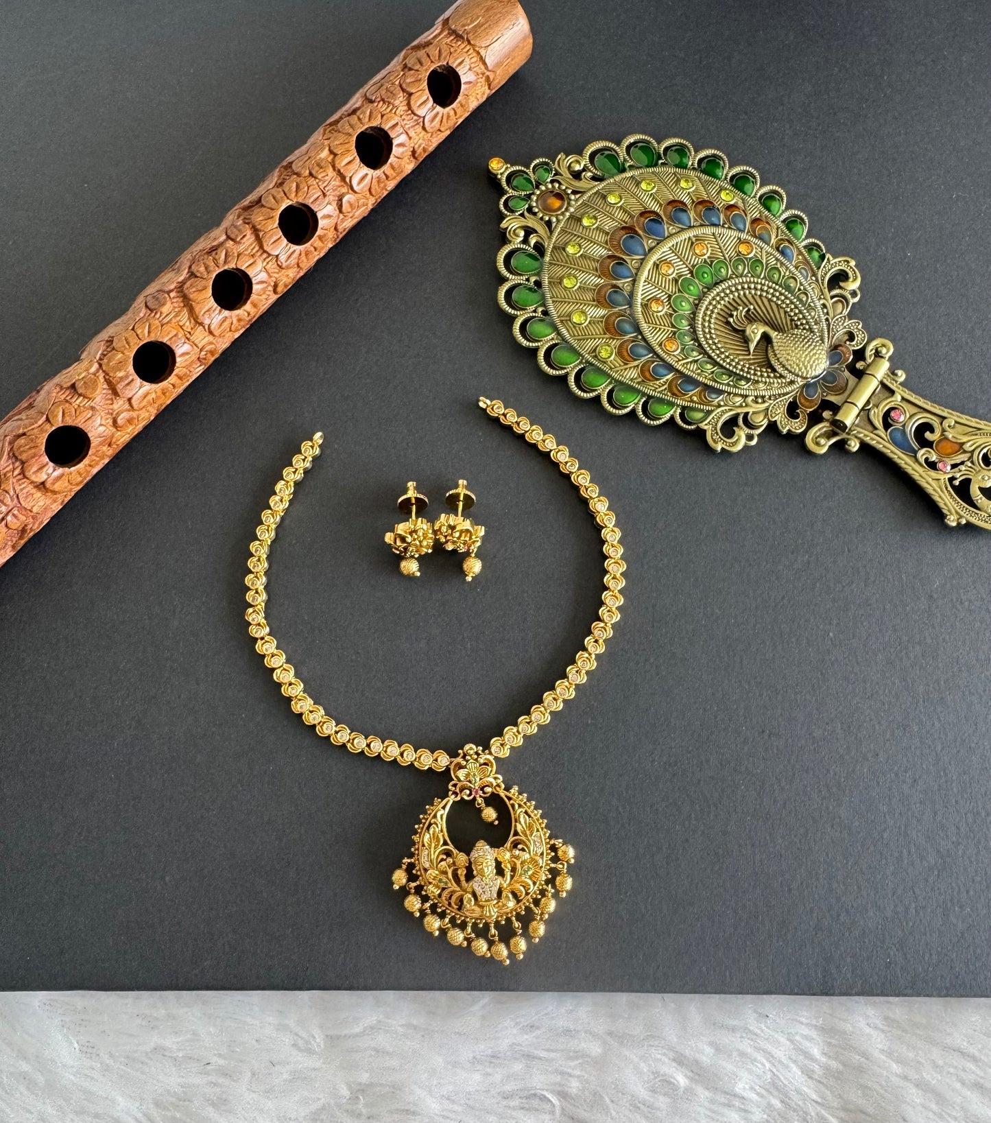 Antique gold tone cz white lakshmi bali necklace set dj-52129