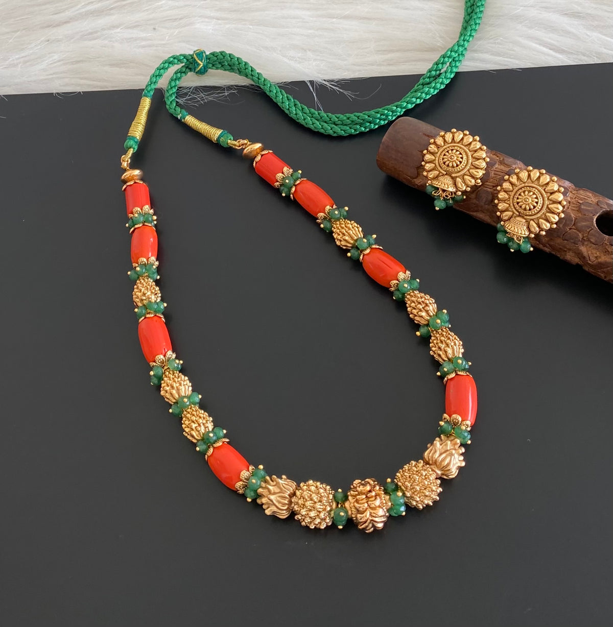 Antique gold tone flower coral-green nakshi beaded necklace set dj-54698