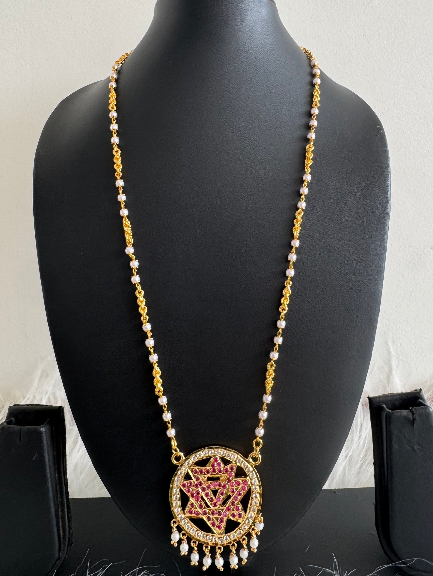 Gold tone 24 inches pearl chain with AD pink Chakram pendant dj-51193