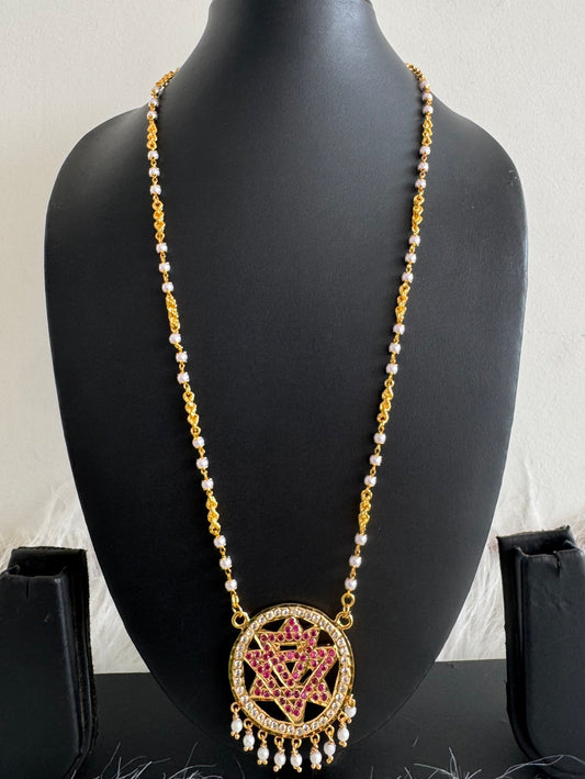 Gold tone 24 inches pearl chain with AD pink Chakram pendant dj-51193