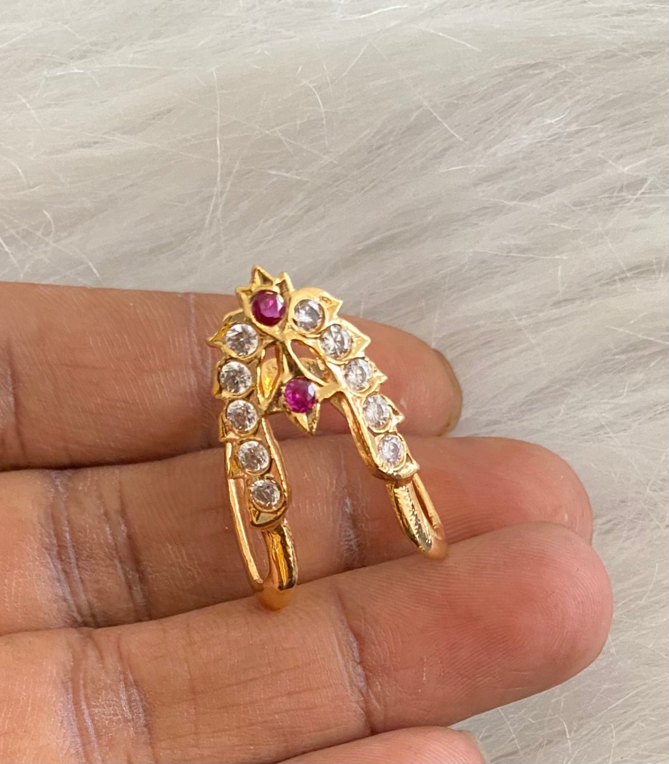 Gold tone pink-white AD south indain vanki finger ring dj-53857
