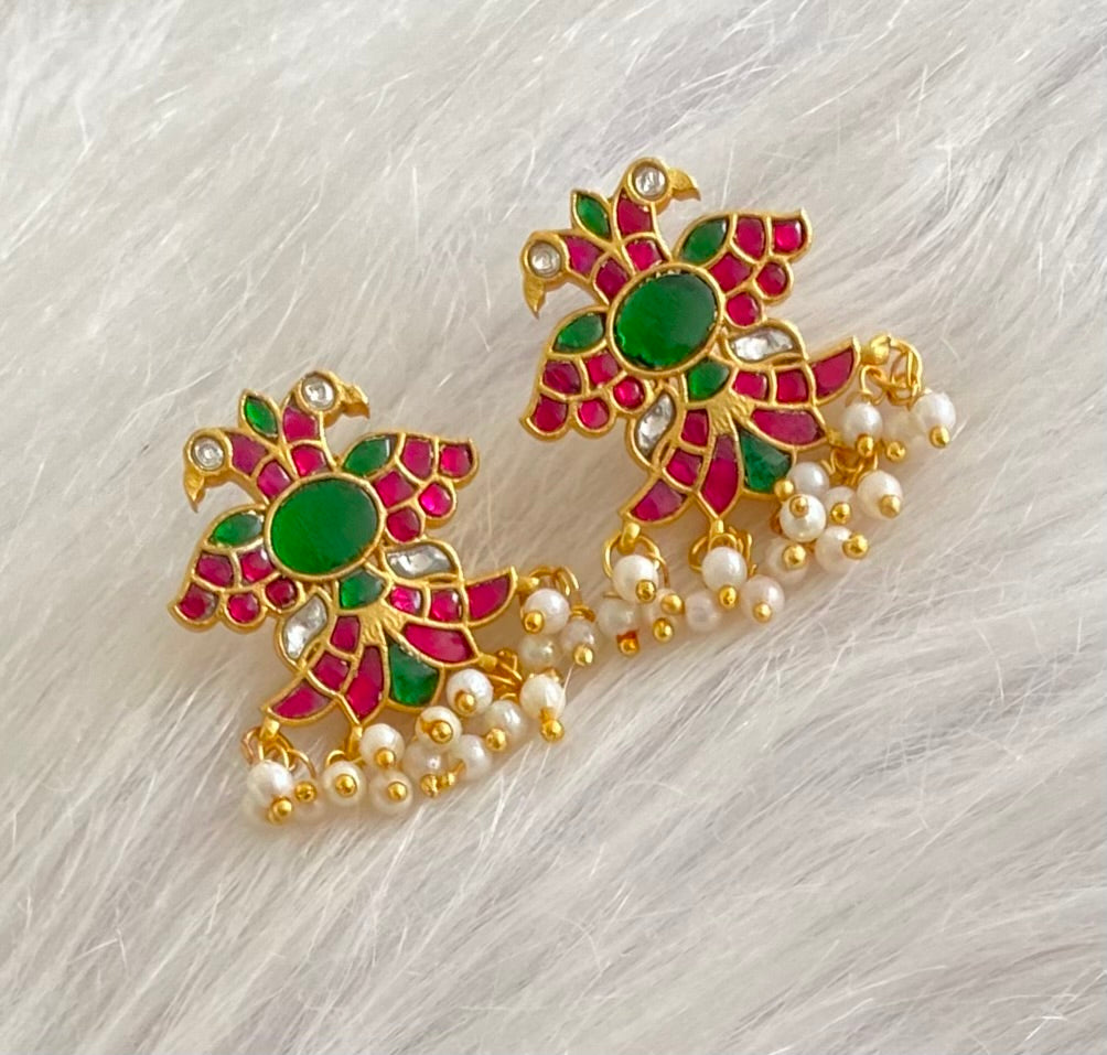 Gold tone kundan jadau gandaberunda earrings dj-54255