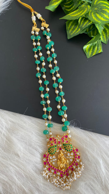 Gold tone pink-green-white kundan jadau Krishna haar dj-39568