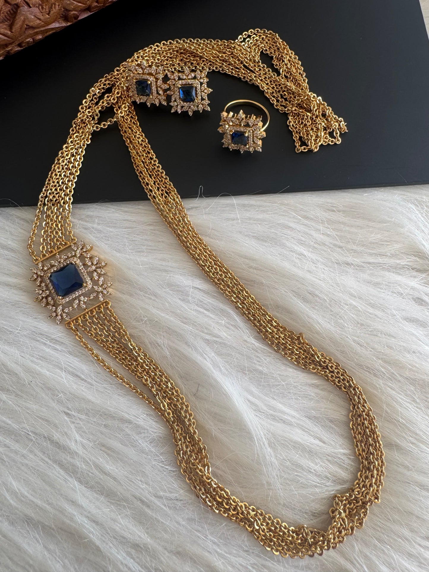 Matte finish cz blue block stone mugappu chandra haar set dj-51245