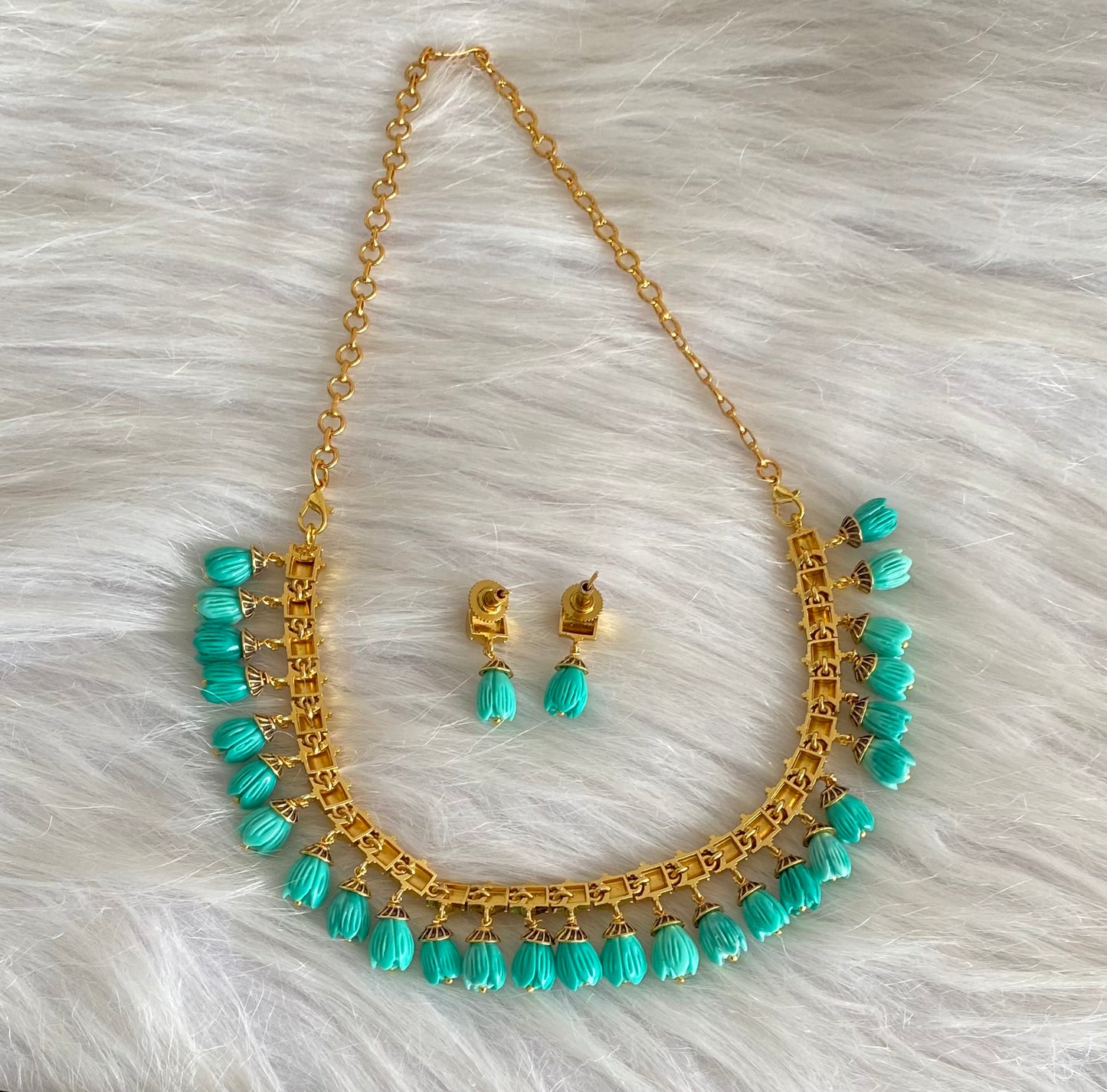 Antique gold tone green tulip beaded necklace set dj-54191