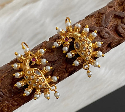 Matte gold white stone pearl peacock bugadi earrings dj-53674