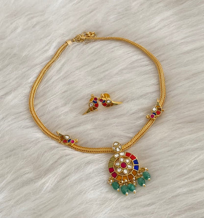Gold tone navarathna kundan jadau bird necklace set dj-54493