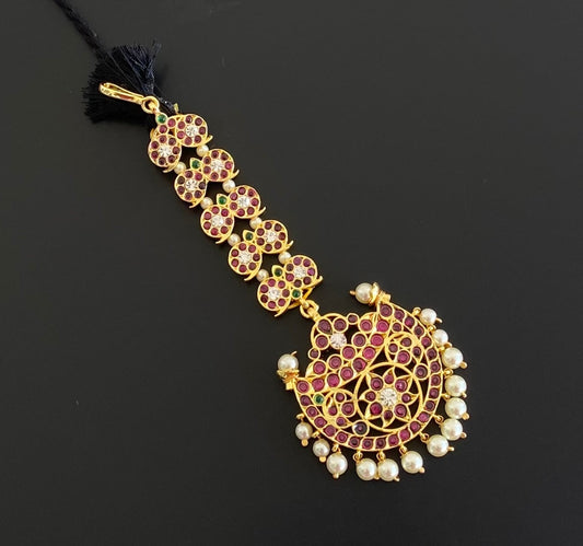 Gold tone precious kemp pearl mango moon tikka dj-20187