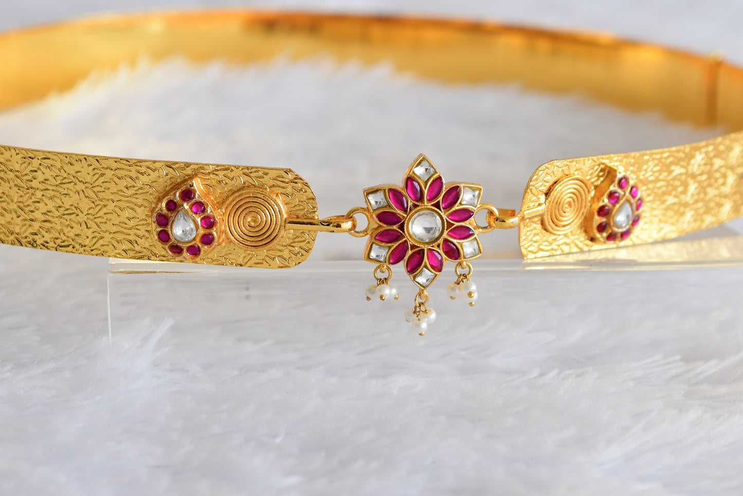 Gold tone pink-white kundan jadau flower mango waist band dj-52176