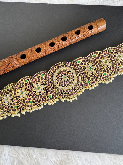 Gold tone precious kemp-green-white pearl sun-moon waist band dj-52305