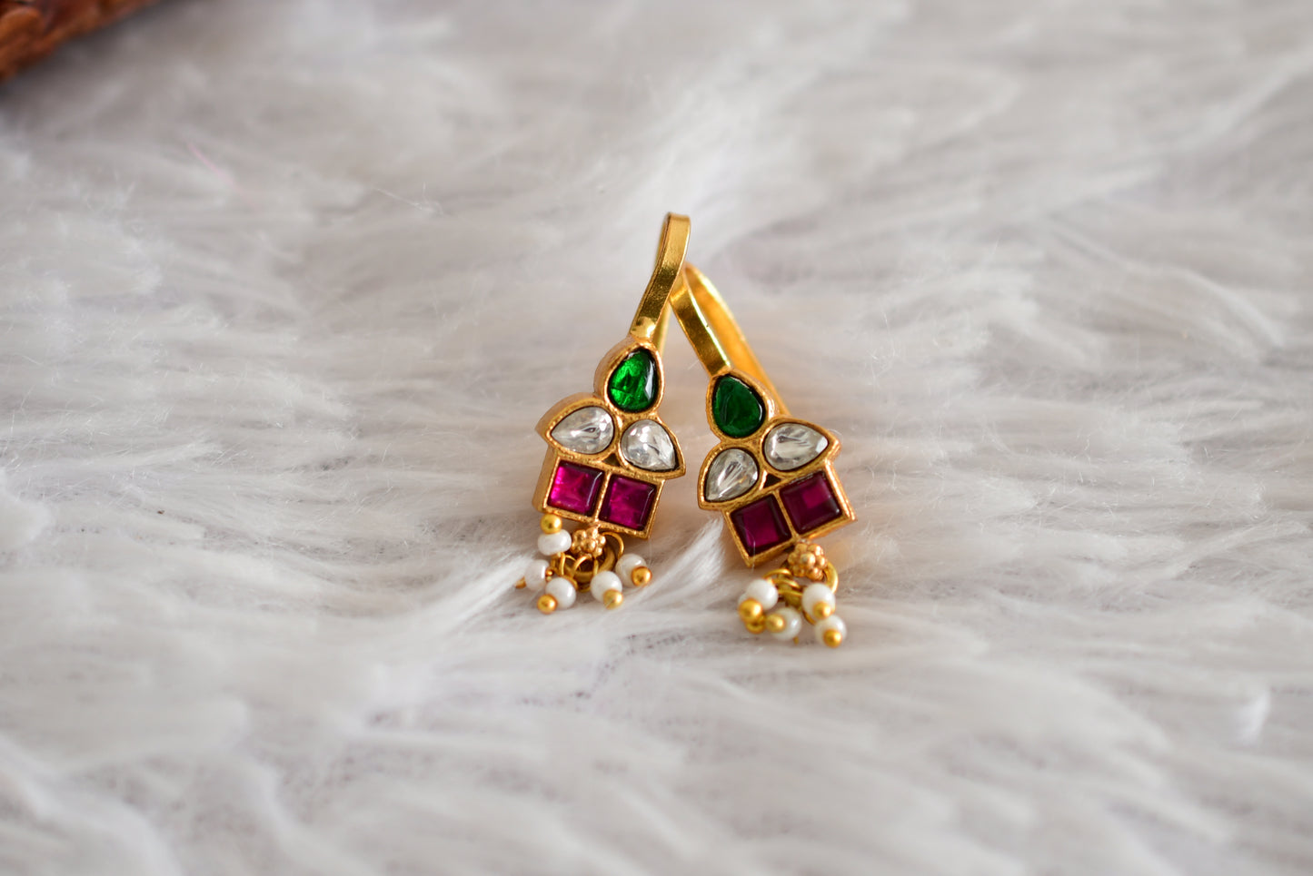 Gold tone pink-green-white kundan jadau bugadi earrings dj-52488