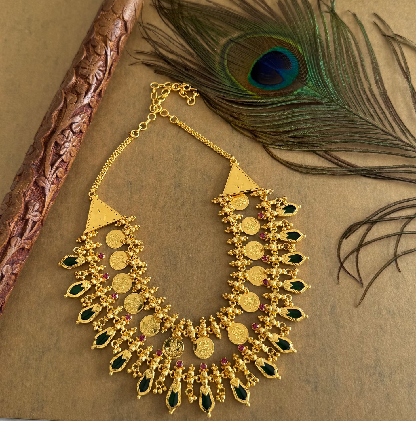 Gold tone kerala style pink-green nagapadam lakshmi coin double layer necklace dj-51735