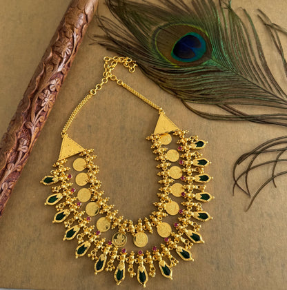 Gold tone kerala style pink-green nagapadam lakshmi coin double layer necklace dj-51735