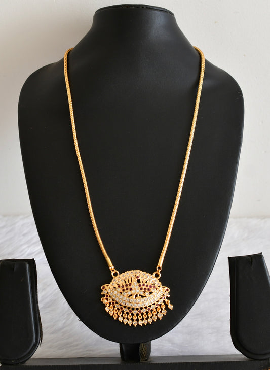 Gold tone AD pink-white peacock pendant with chain dj-53324