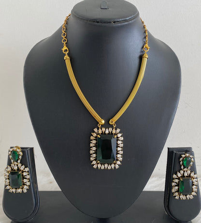Antique gold tone big green stone kante necklace set dj-54770