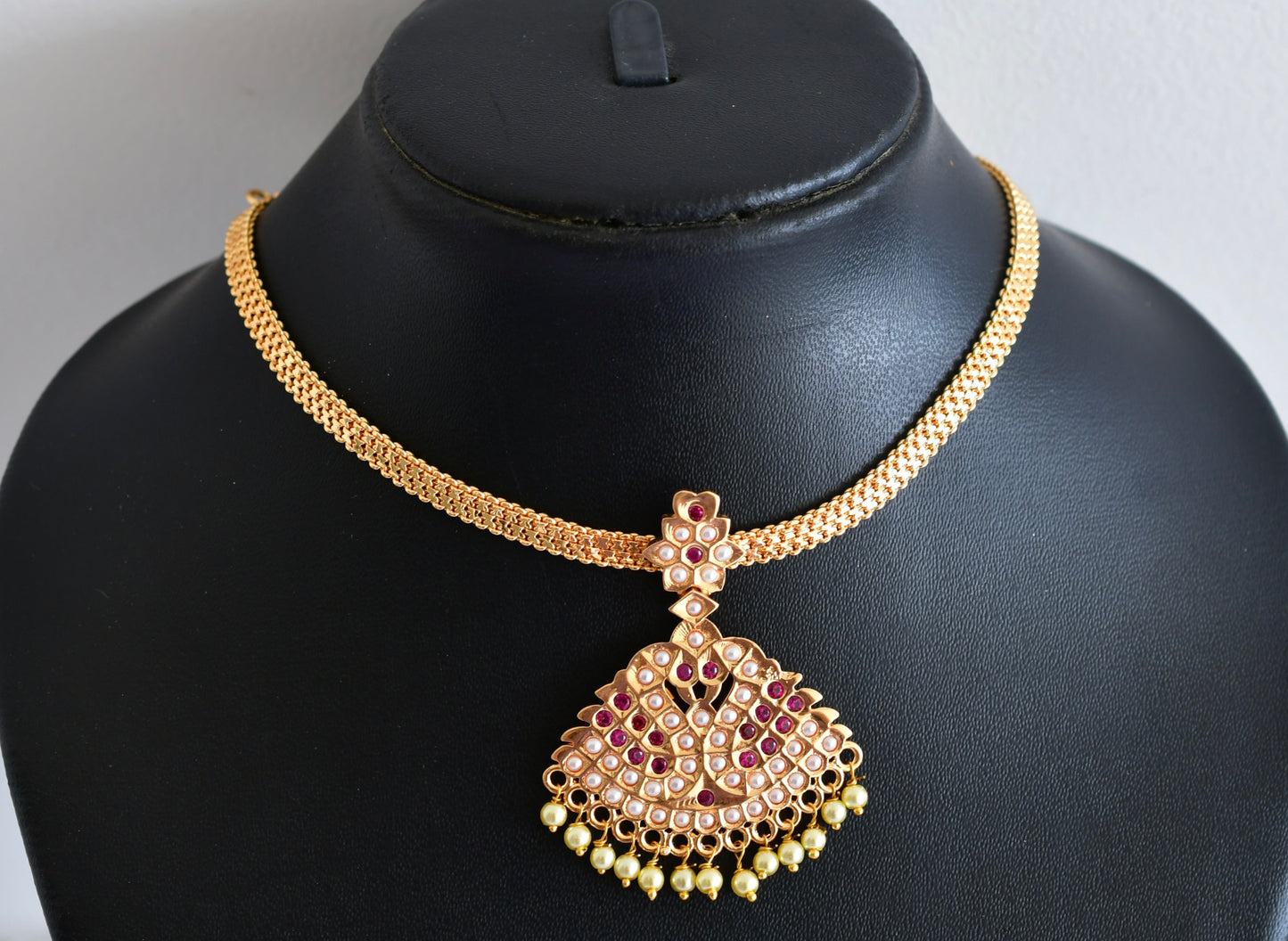Gold tone South Indian style AD ruby-pearl swan attigai/necklace dj-53041
