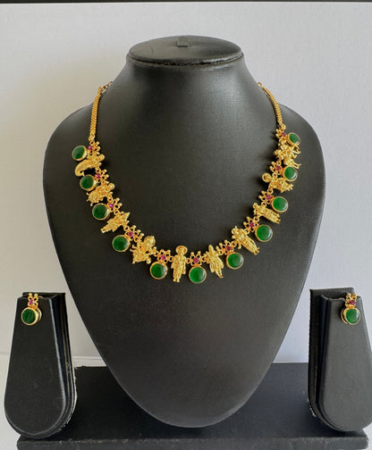 Gold tone pink-green round kerala style dasavathar necklace set dj-48089