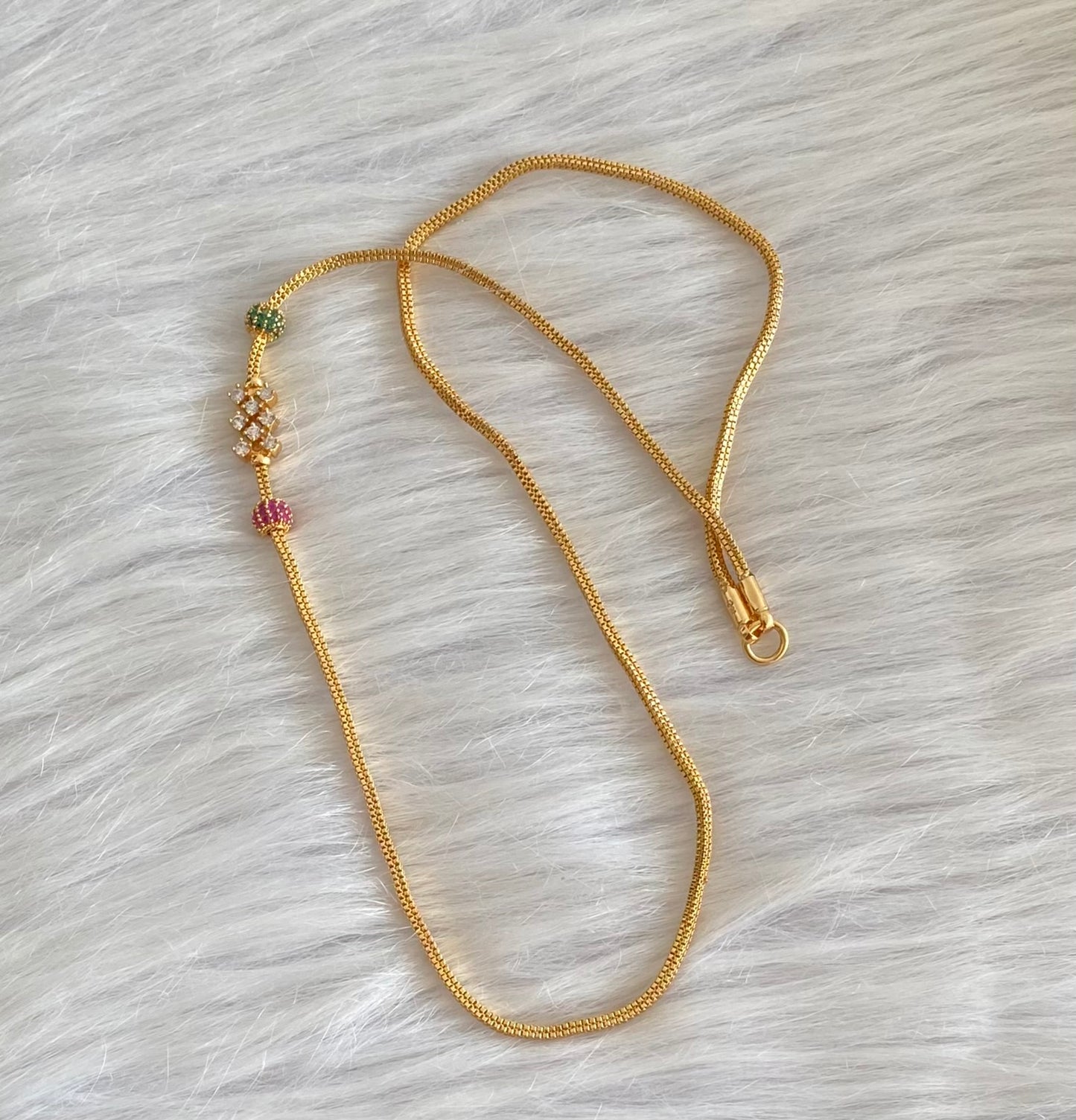 Gold tone ruby-green-white stone mugappu chain dj-54119