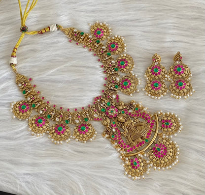 Antique gold tone peacock kundan jadau pearl necklace set dj-54161