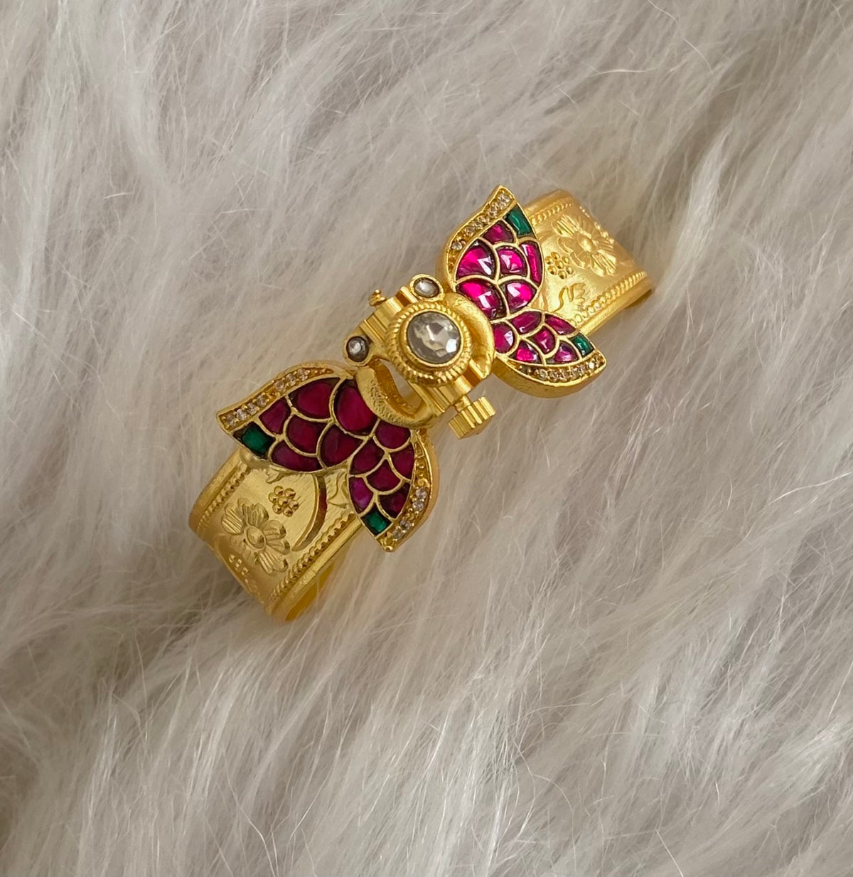 Gold tone pink-green-white Kundan jadau butterfly screw type kada(2.4) dj-54858