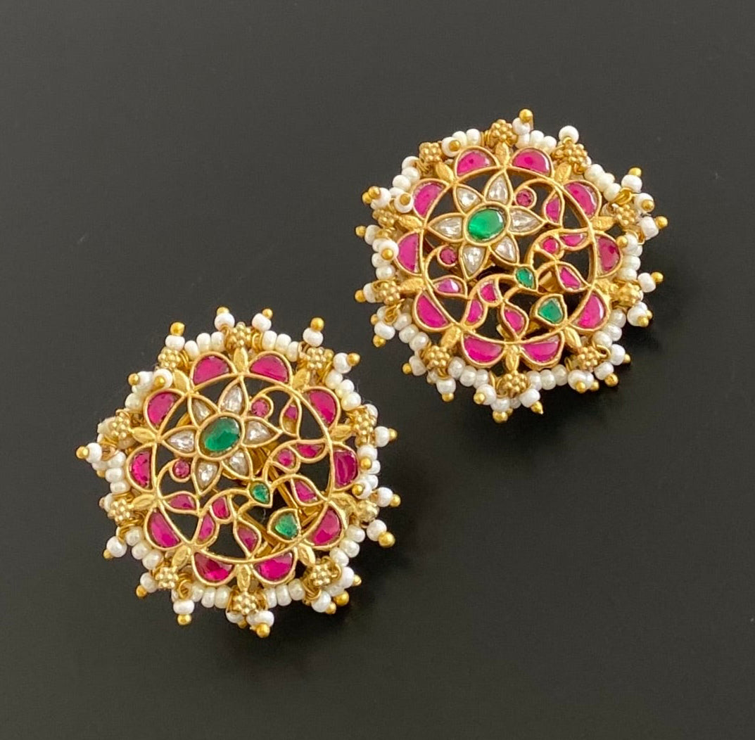 Gold tone pink-white-green pearl kundan jadau flower stud/earrings dj-53546