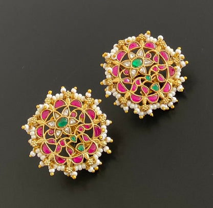 Gold tone pink-white-green pearl kundan jadau flower stud/earrings dj-53546