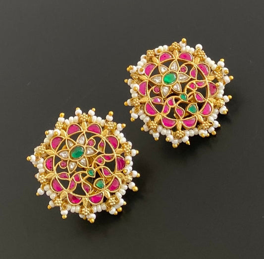 Gold tone pink-white-green pearl kundan jadau flower stud/earrings dj-53546