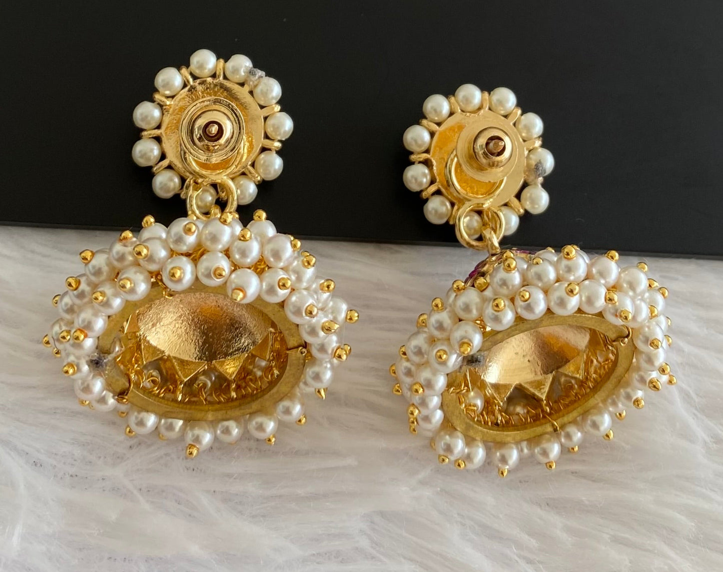 Gold tone precious kemp-green stone pearl jhumkka dj-53217