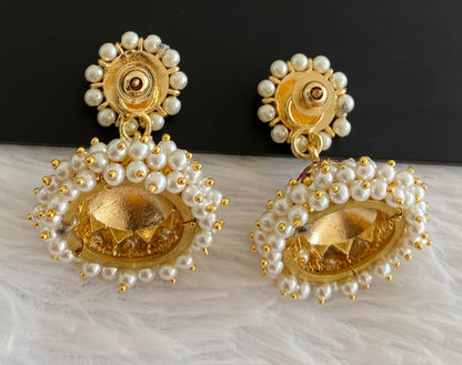 Gold tone precious kemp-green stone pearl jhumkka dj-53217