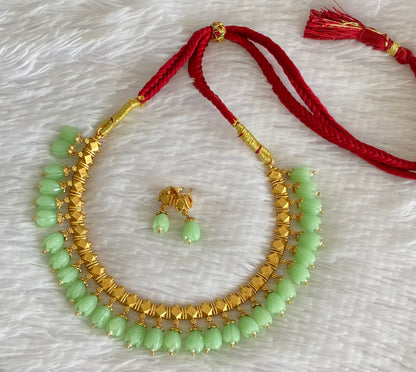 Antique gold tone sea green tulip beaded necklace set dj-54366
