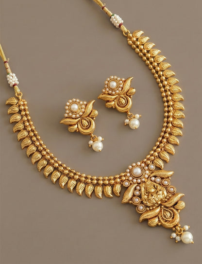 Antique gold tone pearl lakshmi necklace set-dj07498