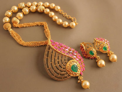 Matte finish ruby-green pearl beaded mango necklace set - DJ12106