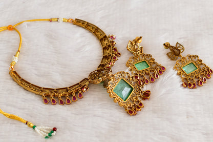 Antique gold tone cz ruby-sea green peacock necklace set dj-53026